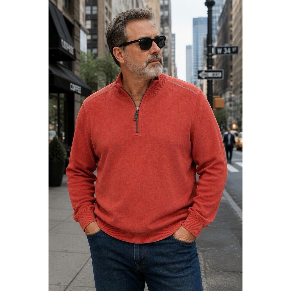 Tommy Bahama Mens Quarter Zip Sweater Red/Orange Heather Mock Neck Pullover XL
